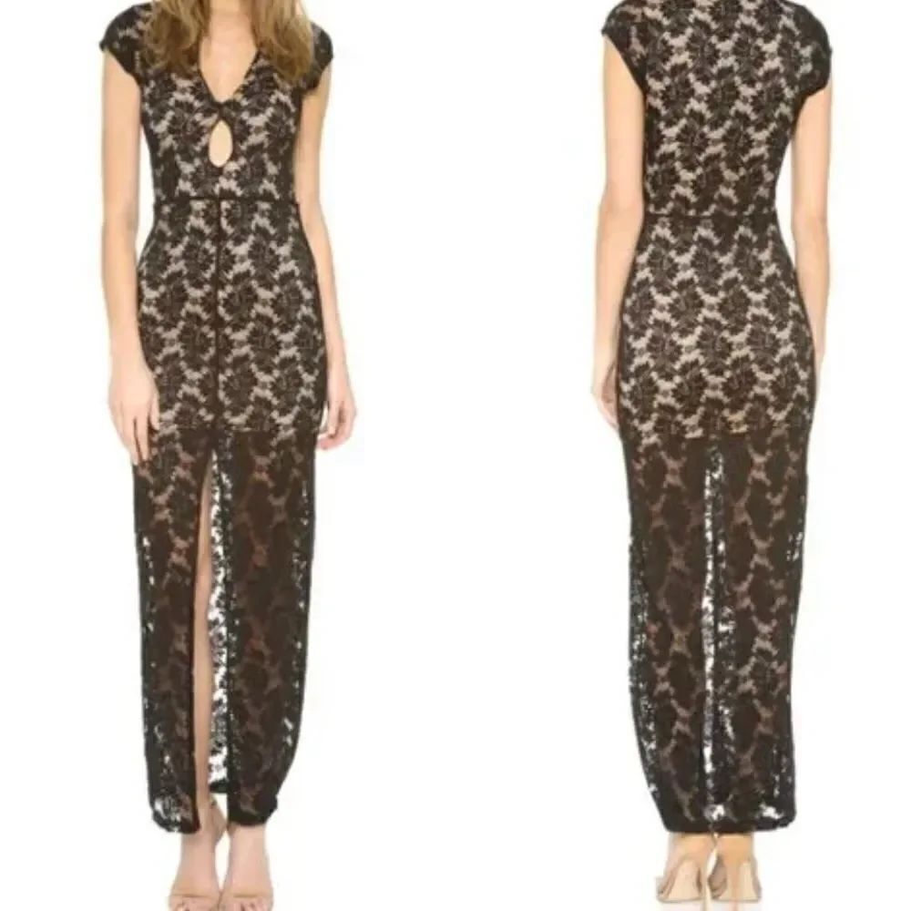 Nightcap Size 1 Black Dress Maxi Boatneck Floral Lace Keyhole & Slit Back Lined
